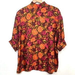 Zara Silk Blouse‎ Top Woman Medium  Purple Floral High Neck Colorful Tropical